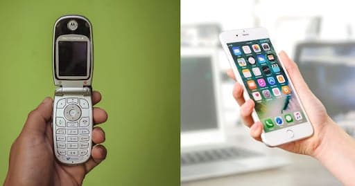 Kilde: Til venstre et Pexels-billede af en Motorola-klaptelefon; til højre et Canva-stockfoto af en iPhone