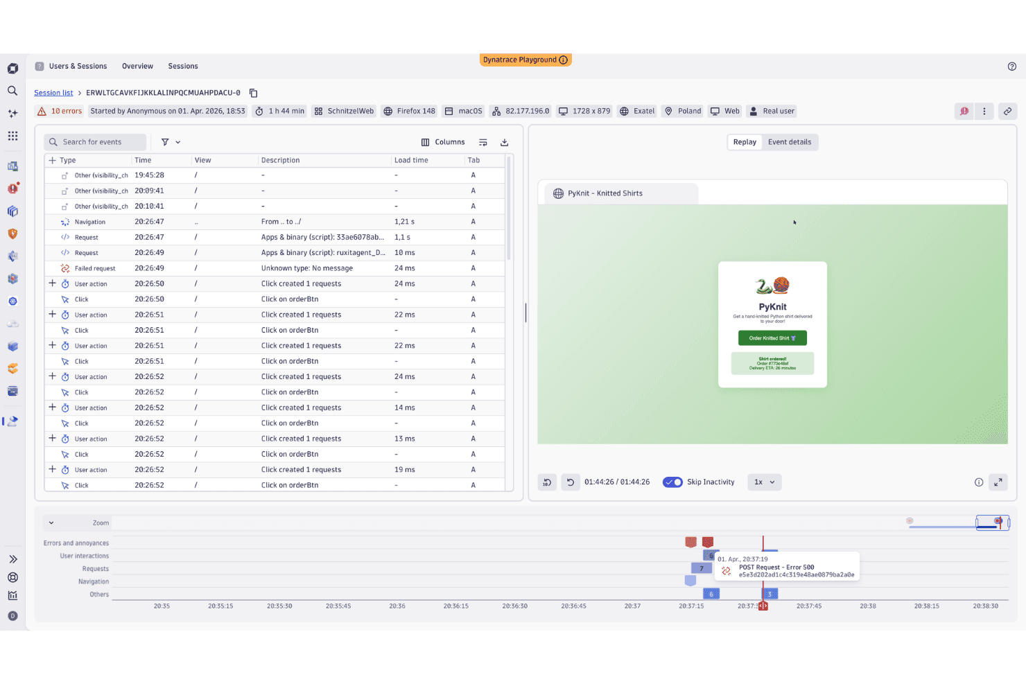 Reproducción de sesiones de Dynatrace que muestra clics de usuario y una línea temporal del error POST 500.