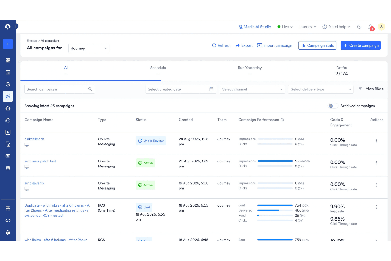 MoEngage all campaigns dashboard showing performance metrics and campaign list.