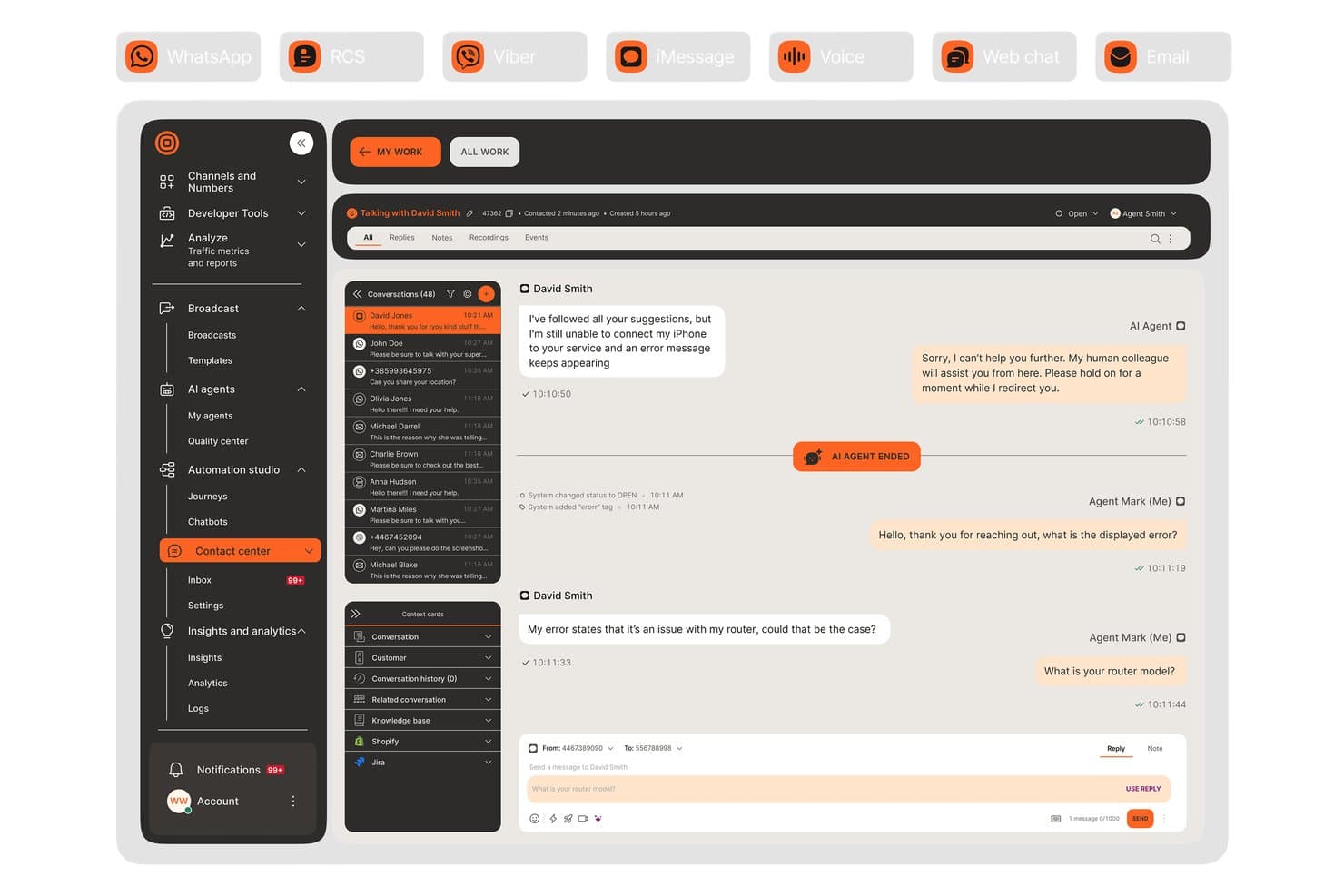Infobip contact center UI showing AI and human agent chat handoff across channels.
