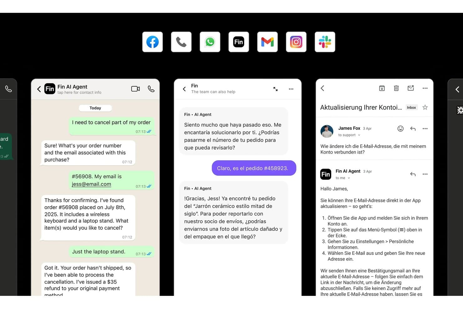Fin AI-agent, der håndterer kundechats på WhatsApp, livechat og e-mail på tre skærme.