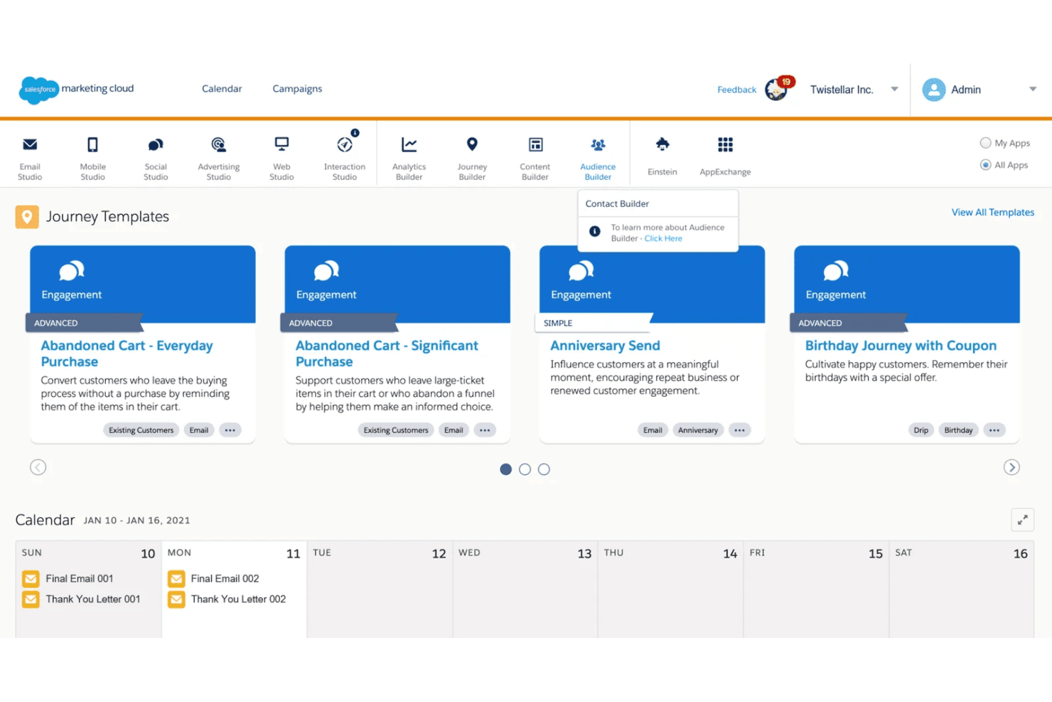 Panel Salesforce Marketing Cloud pokazujący szablony ścieżek i widok tygodniowego kalendarza.