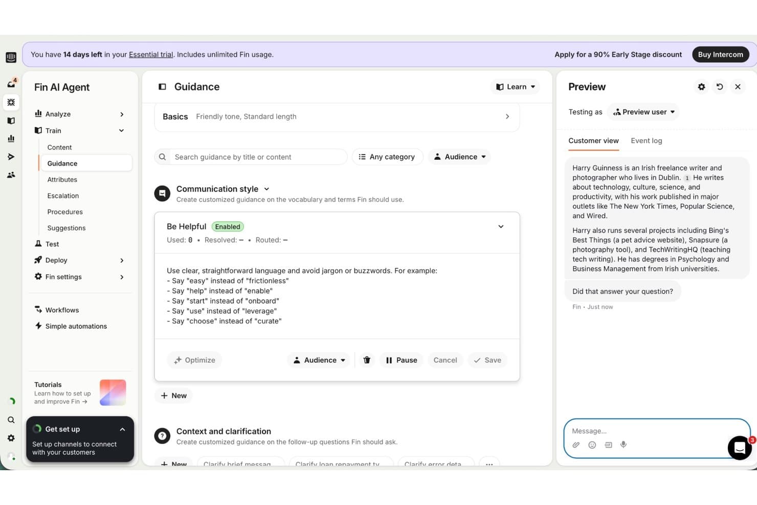 Intercom Fin AI Agent Guidance panel showing communication style settings and preview.