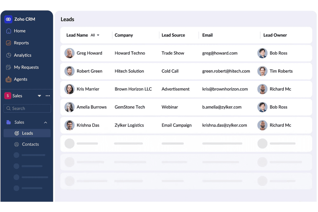 Zoho CRM organizes and tracks sales leads with source and owner details.