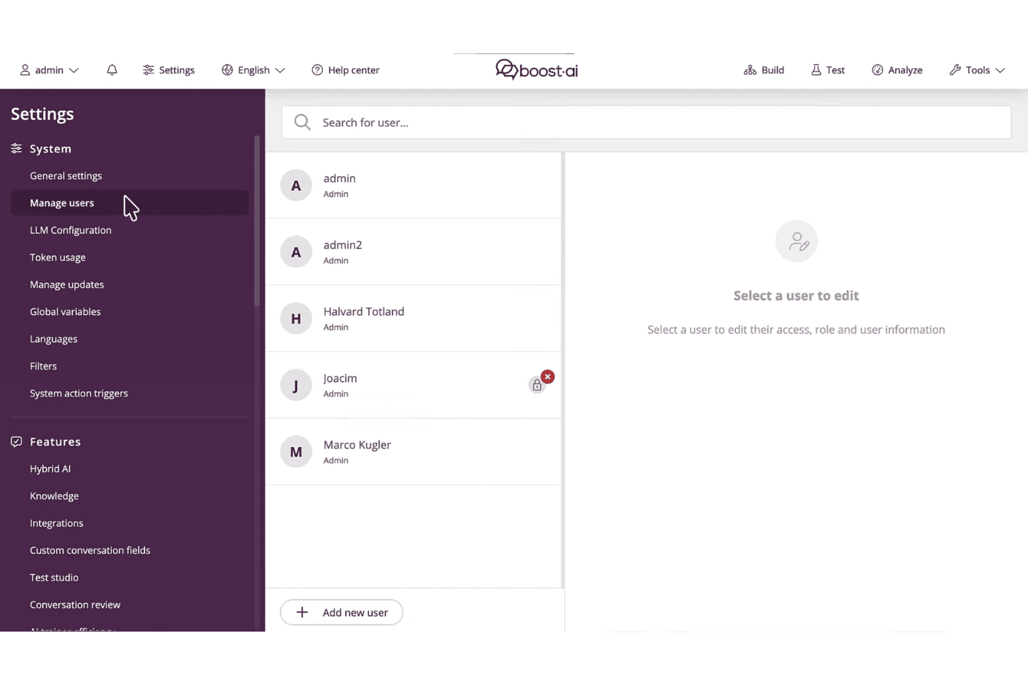 Boost.ai settings panel showing Manage Users page with a list of admin users.