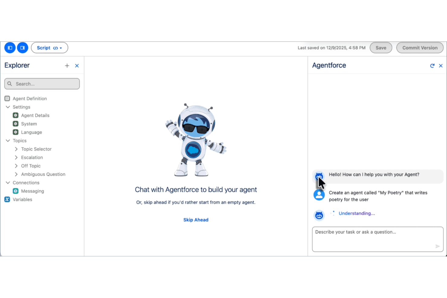 Agentforce UI showing chat panel to build an AI agent with Explorer sidebar.