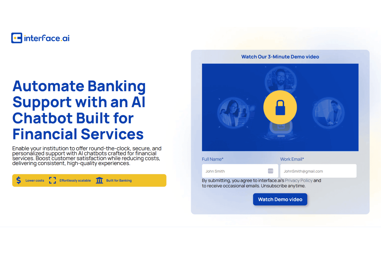interface.ai landing page promoting an AI chatbot for banking support with a demo form.
