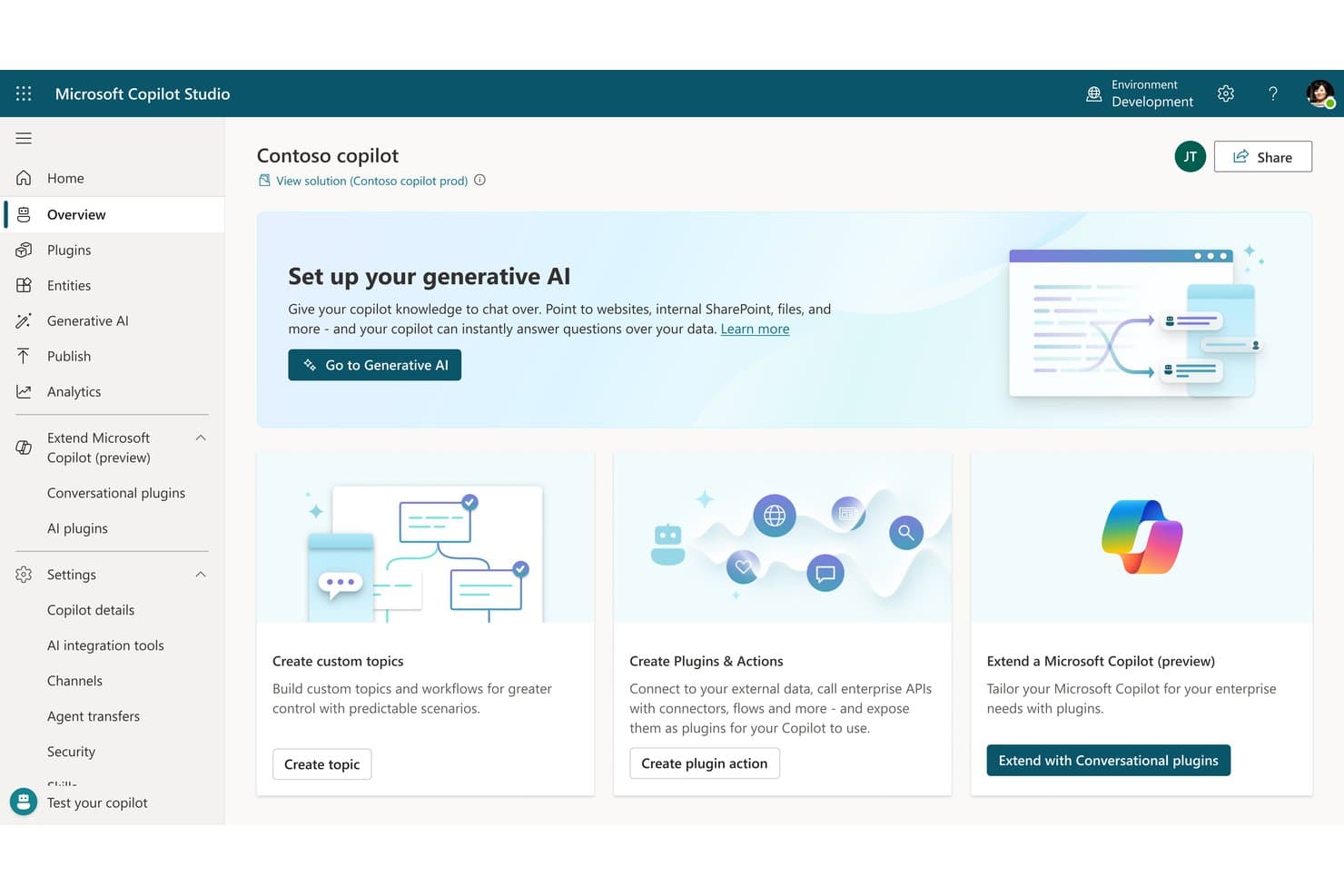 Microsoft Copilot Studio overview page showing generative AI setup and chatbot building options.
