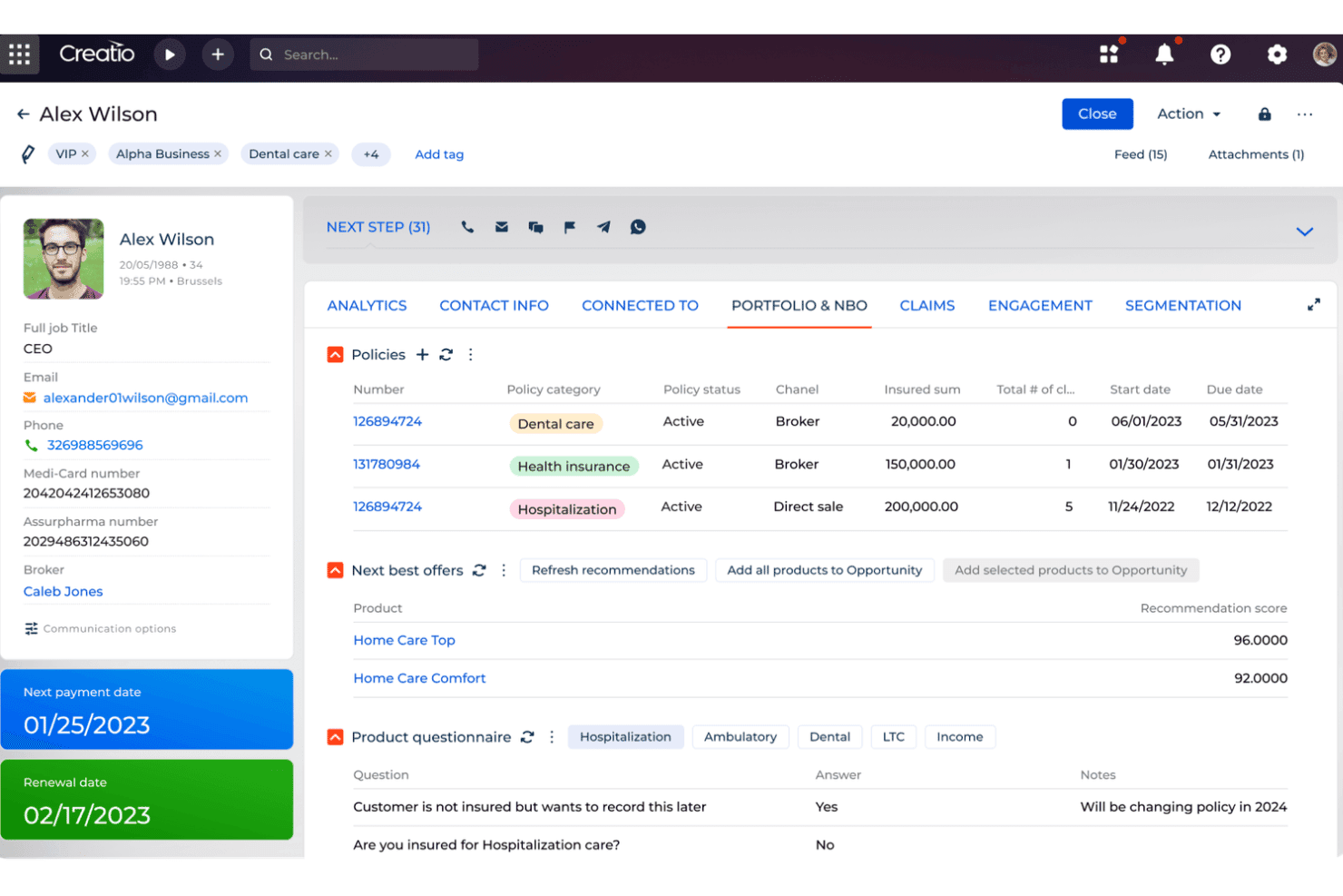 Creatio CRM showing customer profile with insurance policies and next best offers panel.