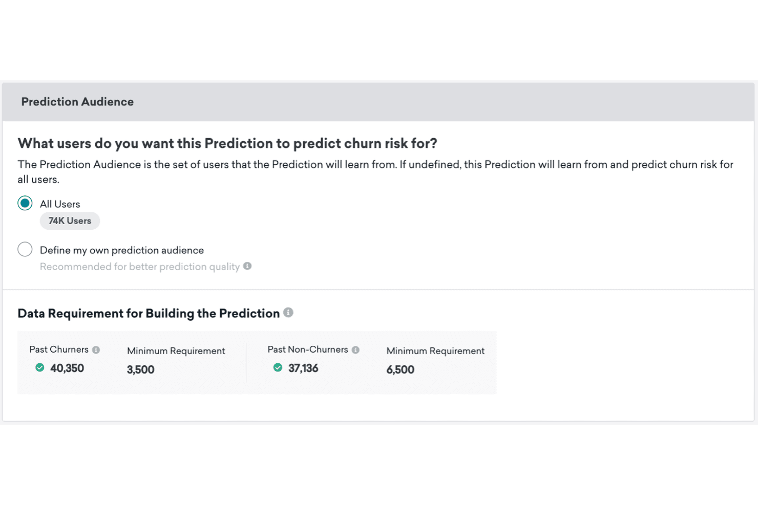 Braze prediction audience setup showing 74K users, churn data requirements met.