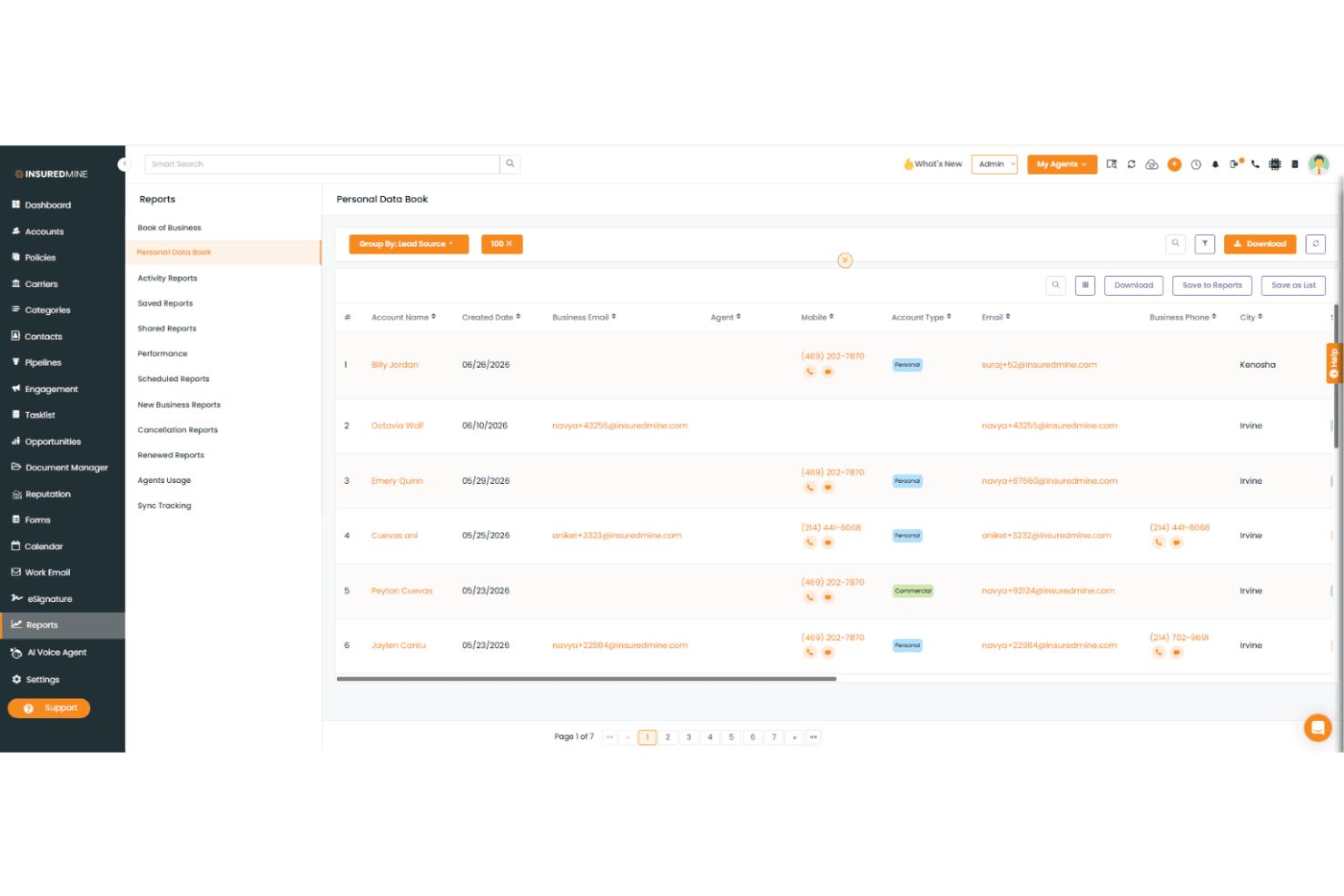 InsuredMine Personal Data Book report showing client contacts list with filters.