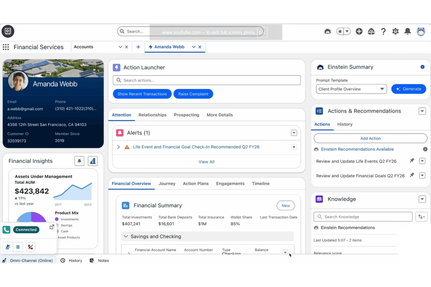 Salesforce Financial Services Cloud client profile showing financial summary and Einstein AI insights.