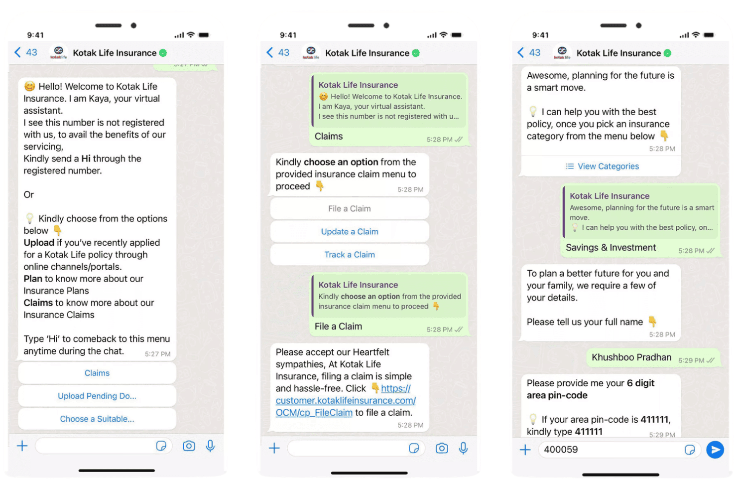 WhatsApp chatbot for Kotak Life Insurance handling claims and policy inquiries.