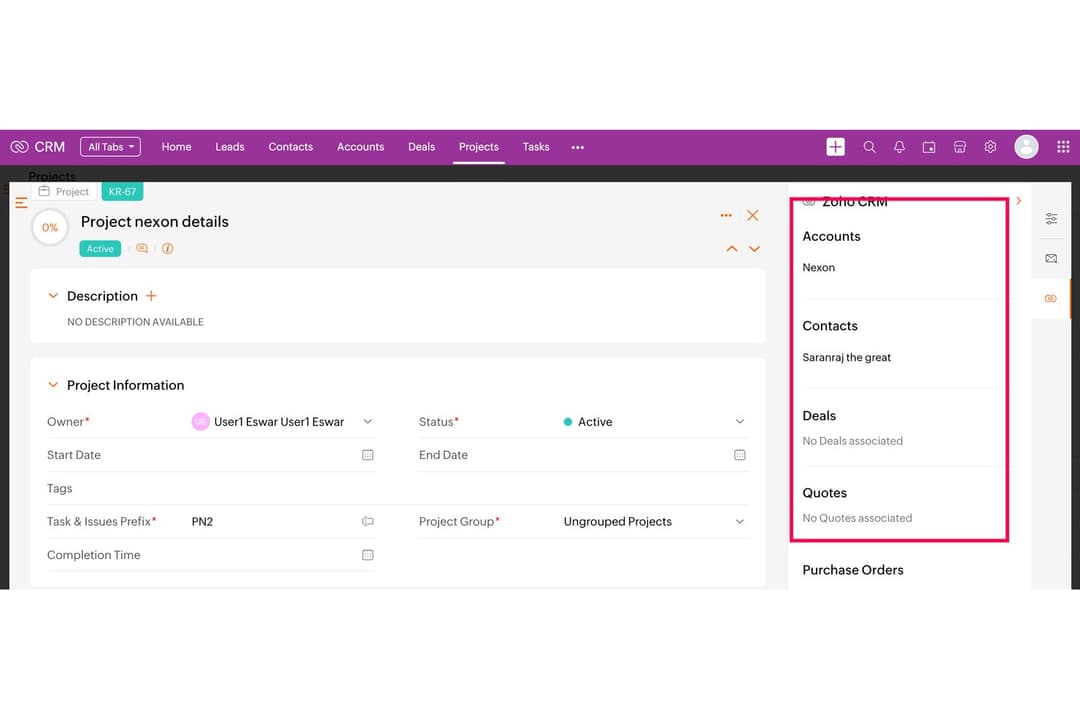 Zoho CRM links projects to accounts, contacts, and deals.