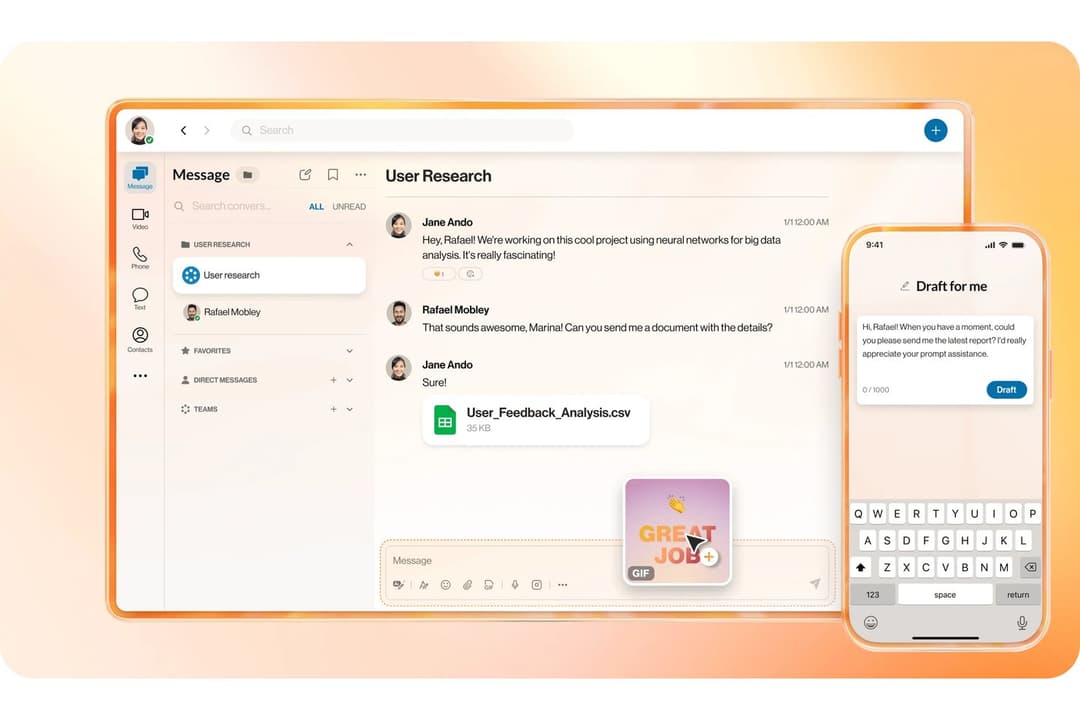 RingCentral lets teams message, share files, and send GIFs in group channels.