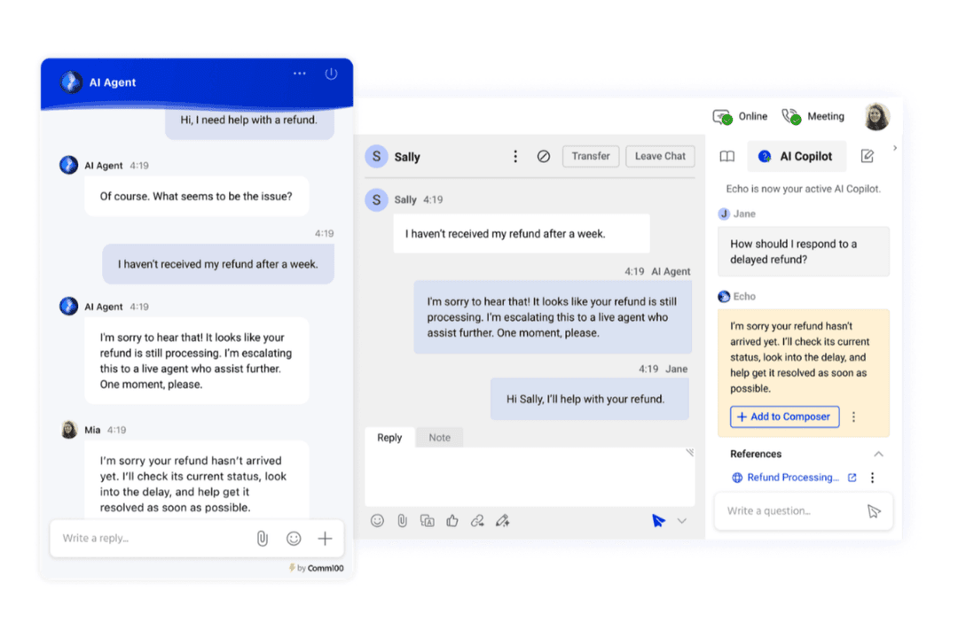 Comm100 uses AI Copilot to suggest agent replies in real time.