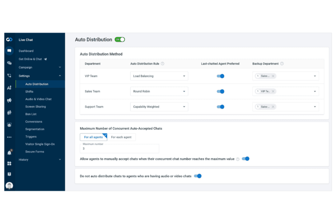 Comm100 lets users automate chat routing across teams with custom rules.