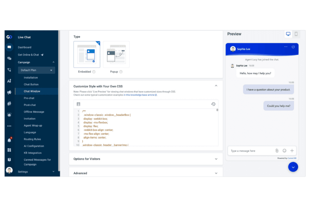 Comm100 lets users customize live chat windows with CSS styling.
