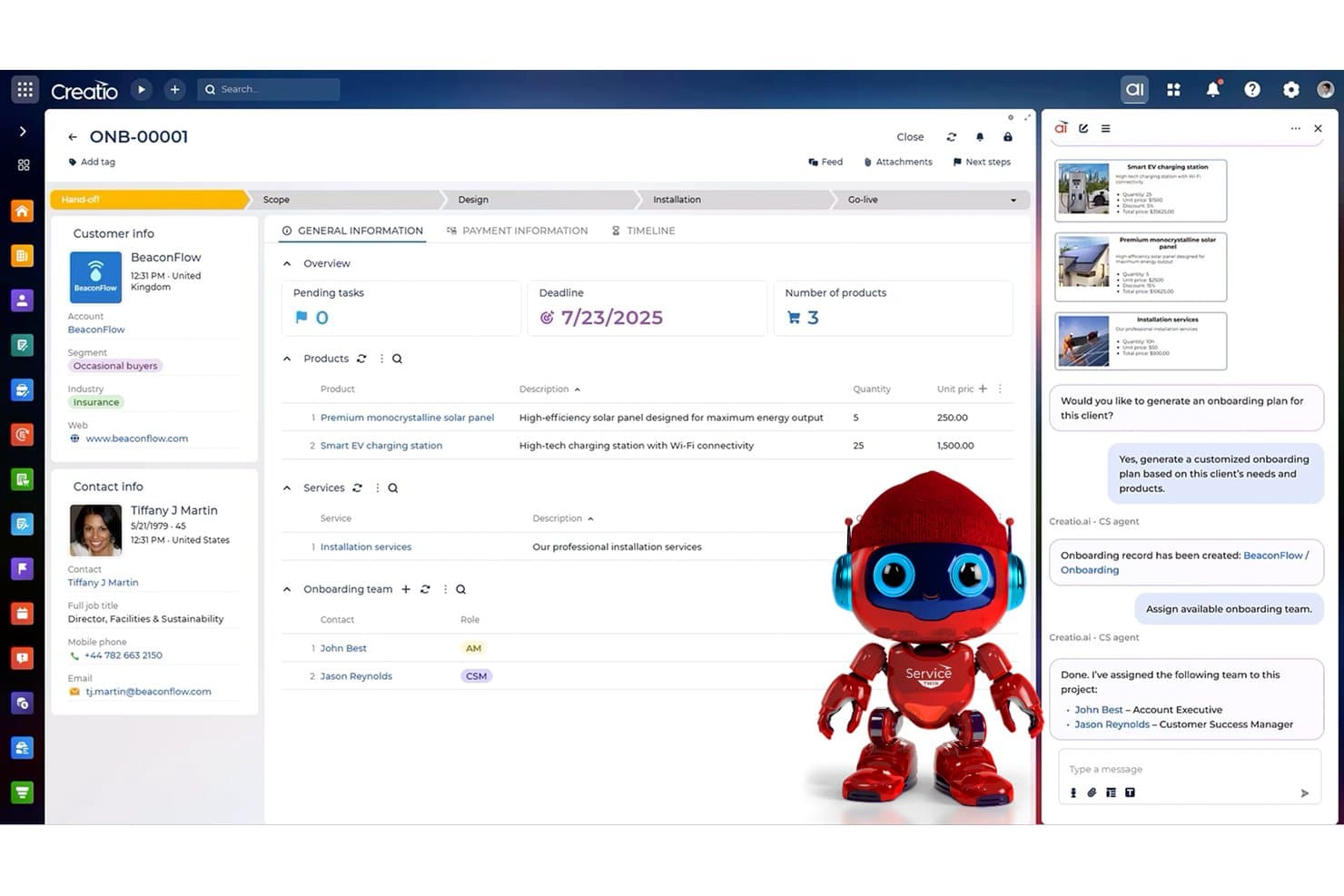 Record di inserimento di Creatio CRM con assistente chat IA che assegna membri del team e prodotti