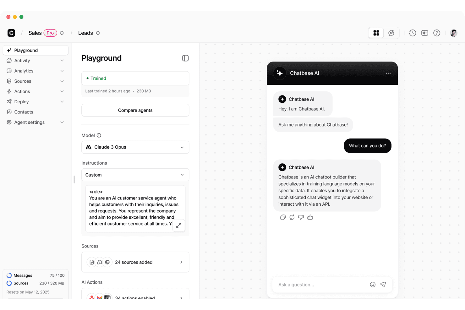 Interfejs środowiska testowego Chatbase AI pokazujący model Claude 3 Opus, niestandardowe instrukcje i podgląd chatbota na żywo