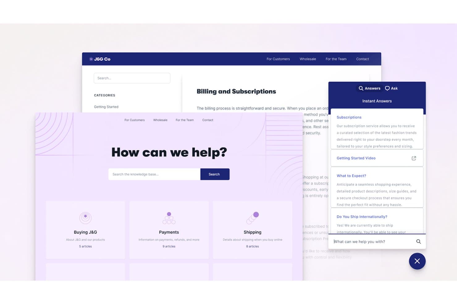 Help Scout-kennisbank met chatwidget voor directe antwoorden die artikelen voor zelfbediening toont