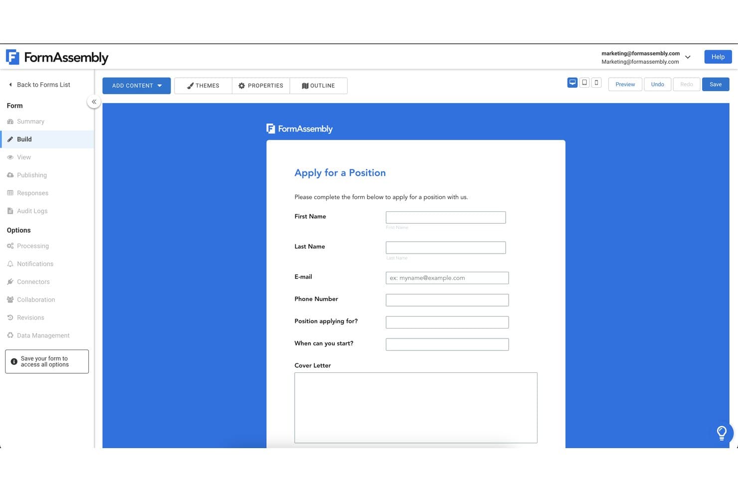FormAssembly form builder showing an Apply for a Position form with multiple fields.