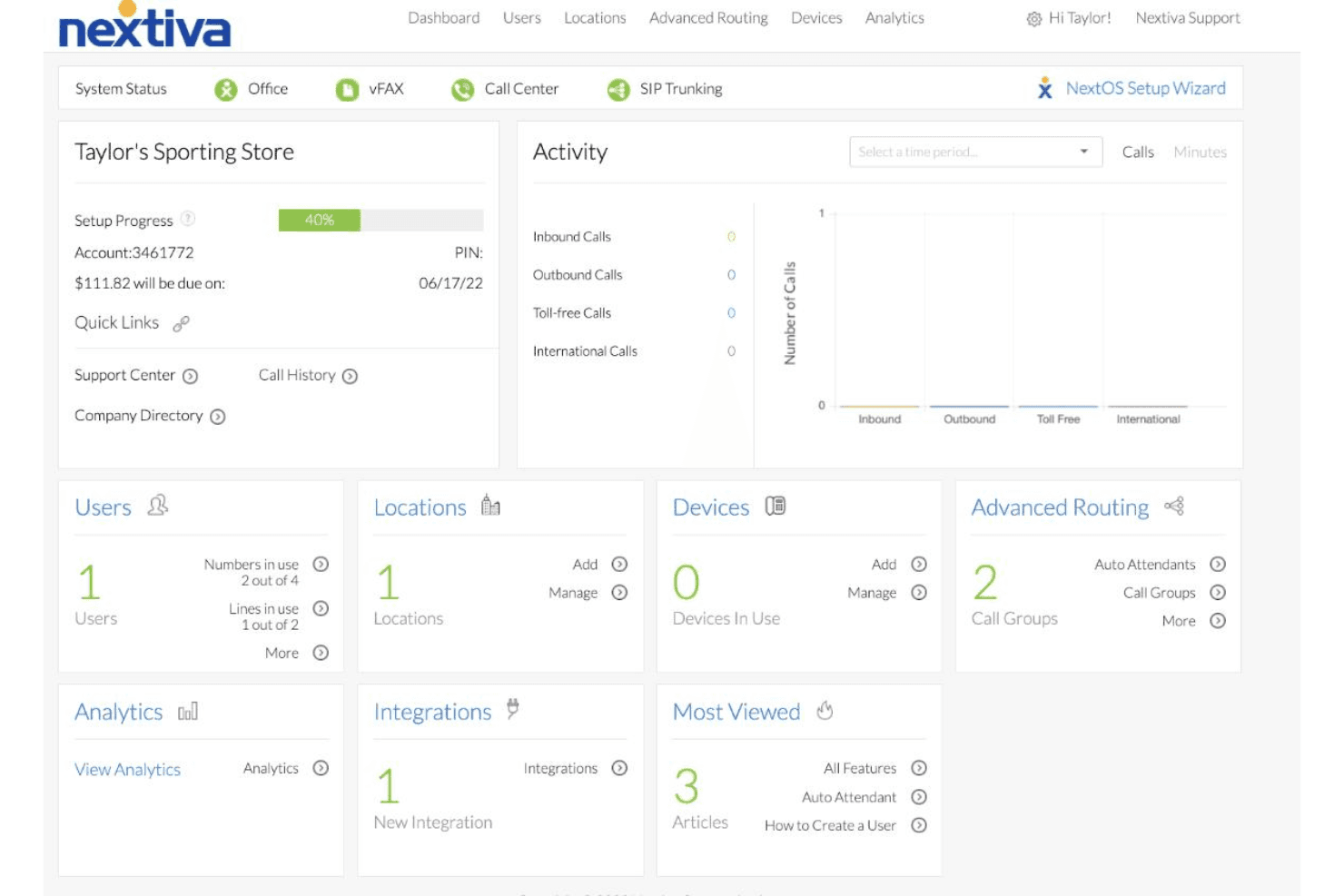 Tableau de bord VoIP hébergé de Nextiva affichant l'activité des appels entrants et sortants, les utilisateurs, les sites, les appareils, les groupes d'appels, le routage avancé, les intégrations et les analyses.