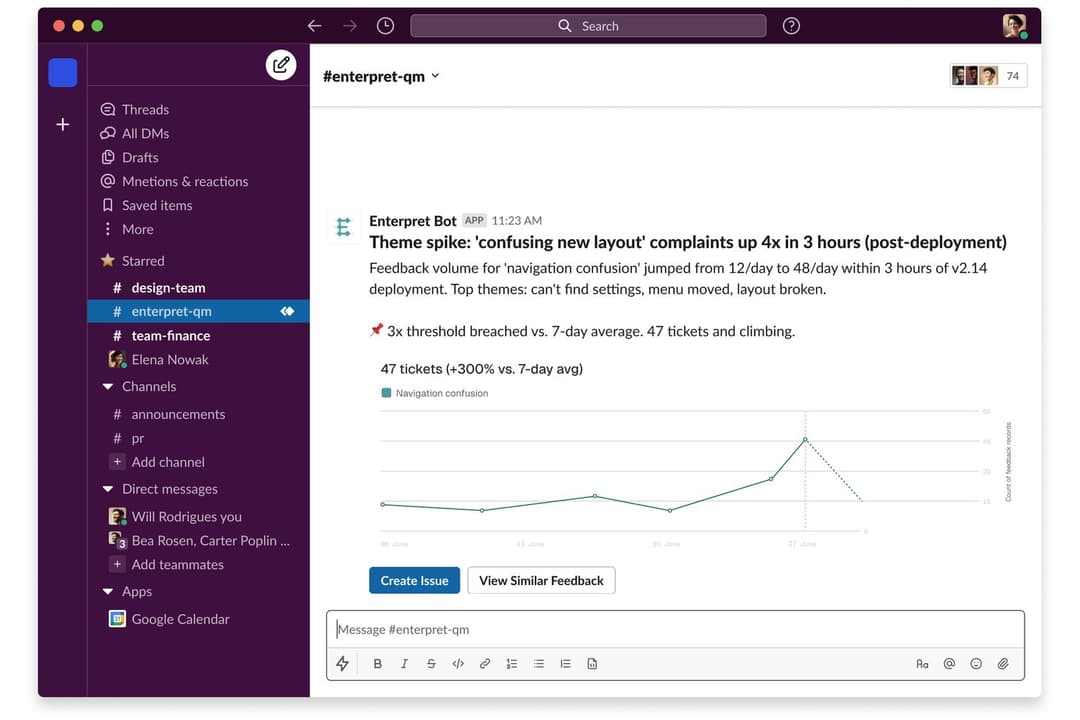 Enterpret alerts teams to spikes in negative feedback themes post-deploy.