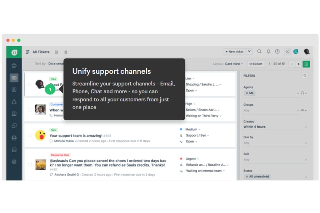 Freshdesk unifies support channels like Email, Phone, and Chat into a single ticket management interface with filtering and card view options.