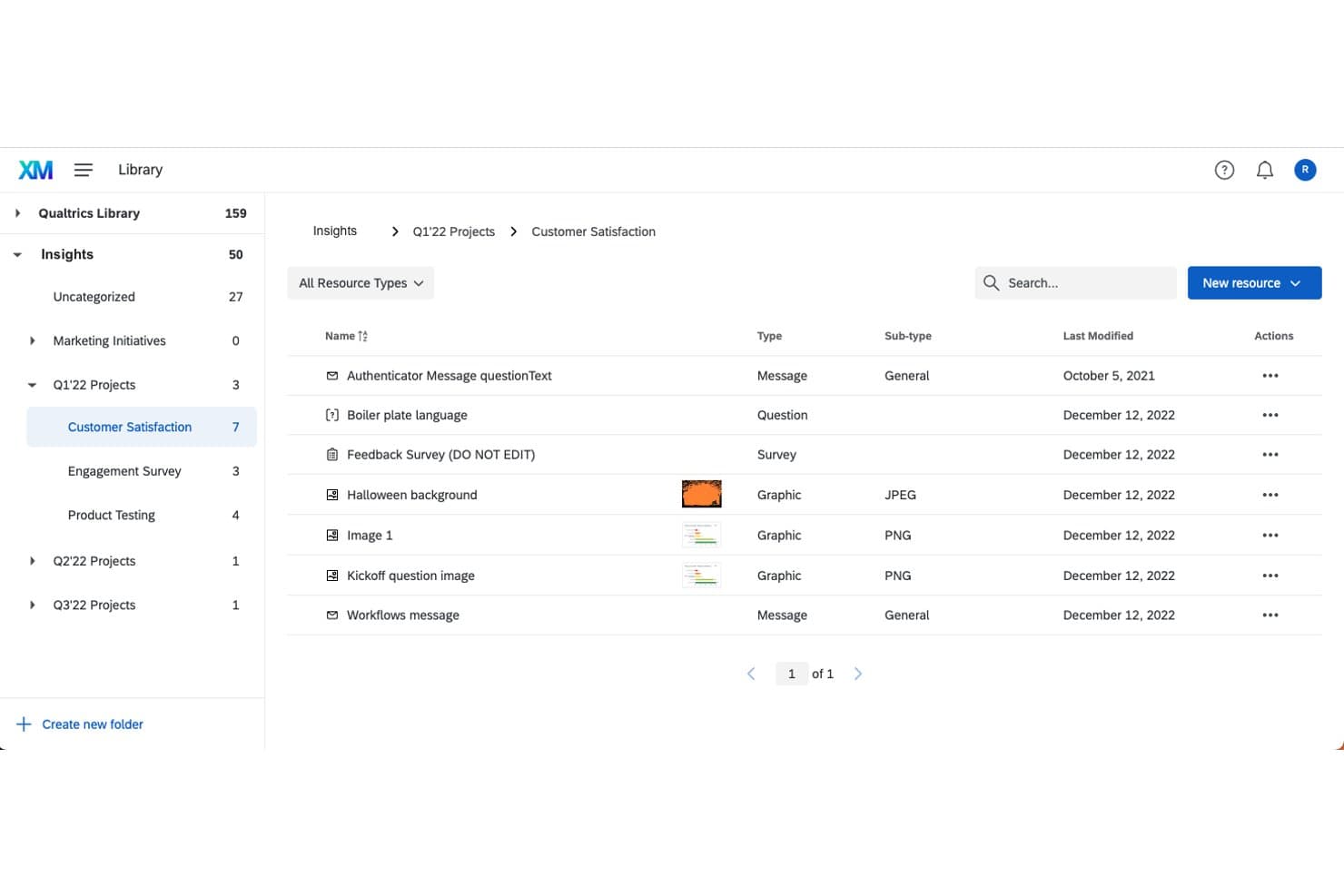 Qualtrics library showing Customer Satisfaction folder with seven resources listed.
