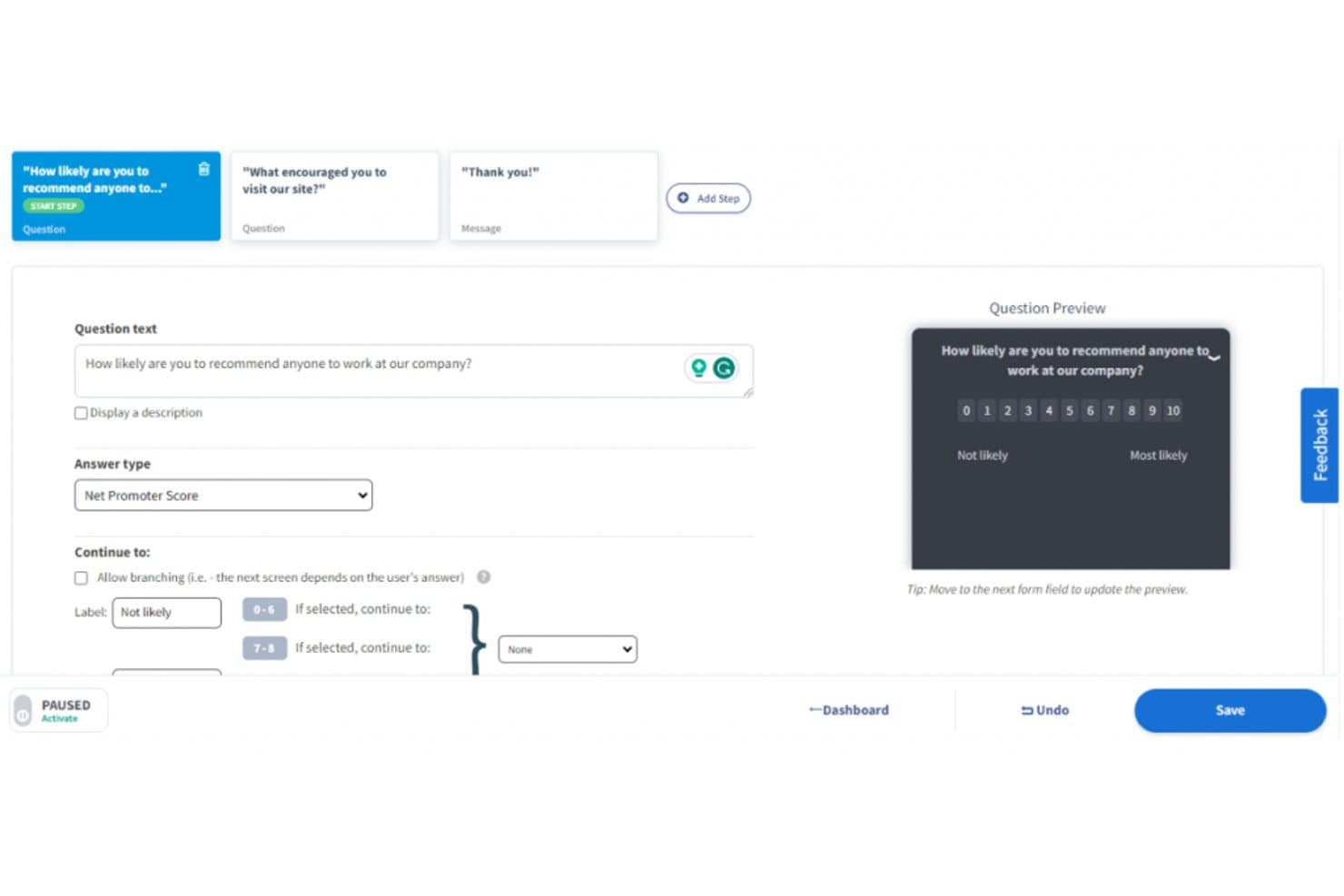 Qualaroo survey builder showing NPS question with branching logic and preview.