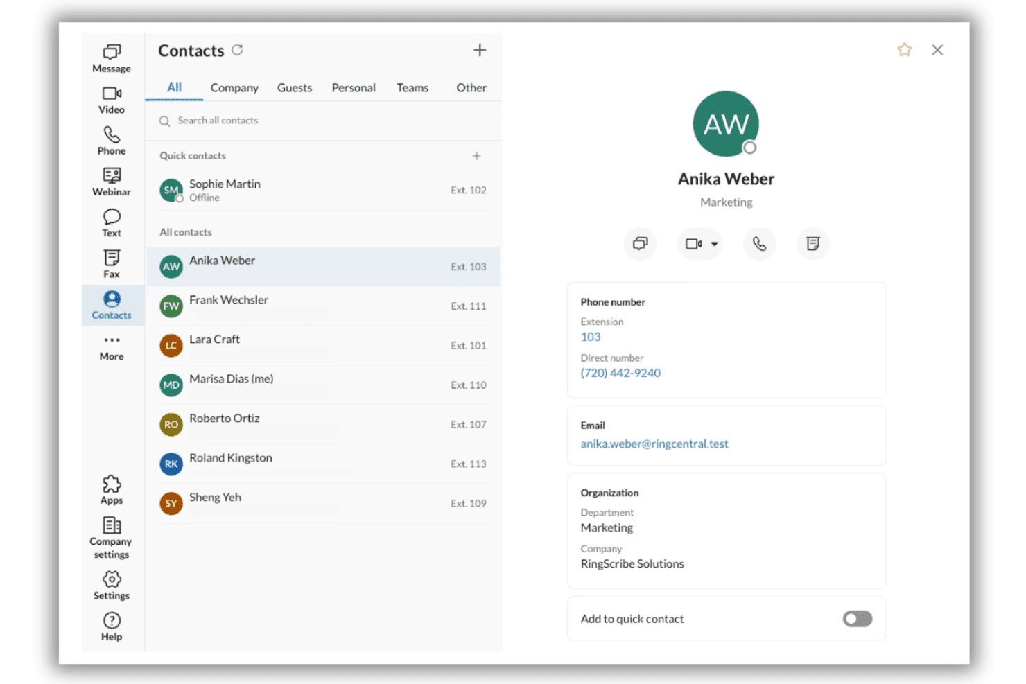 An image of RingCentral RingEX software dashboard withh contact names.