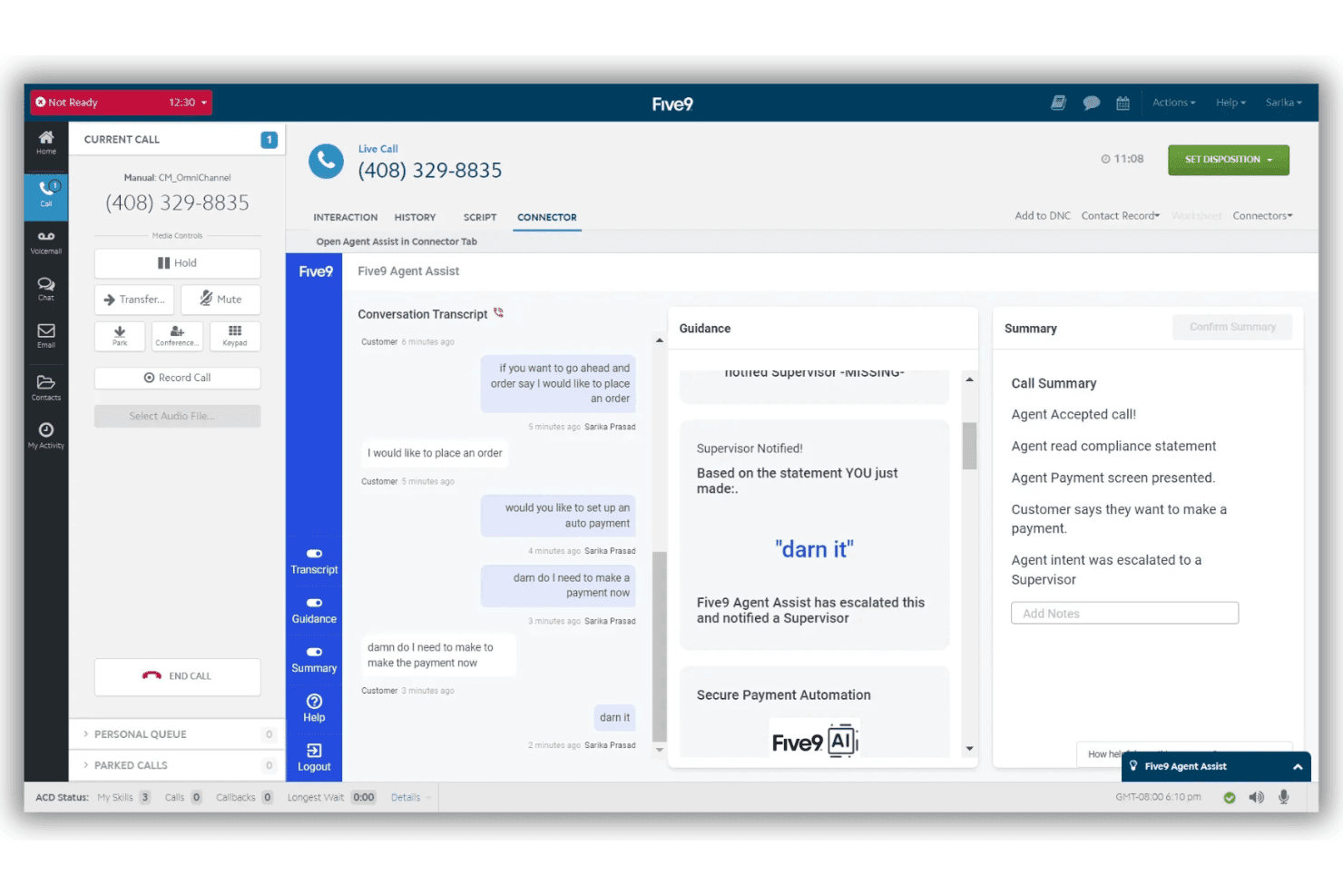 A screenshot of Five9 dashboard showing conversation and contact details.