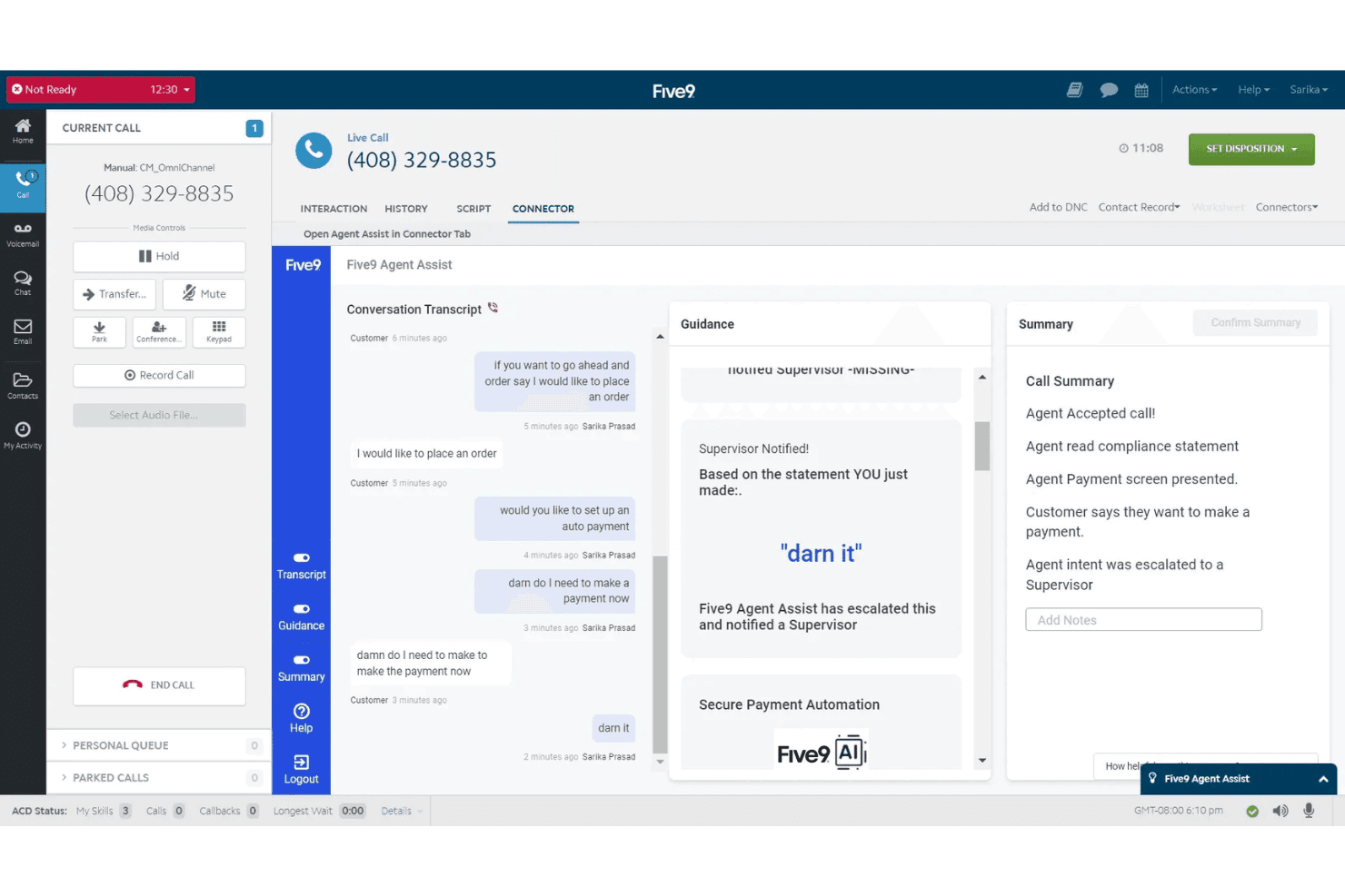 Five9 Agent Assist interface showing live call transcript, AI guidance panel, and call summary