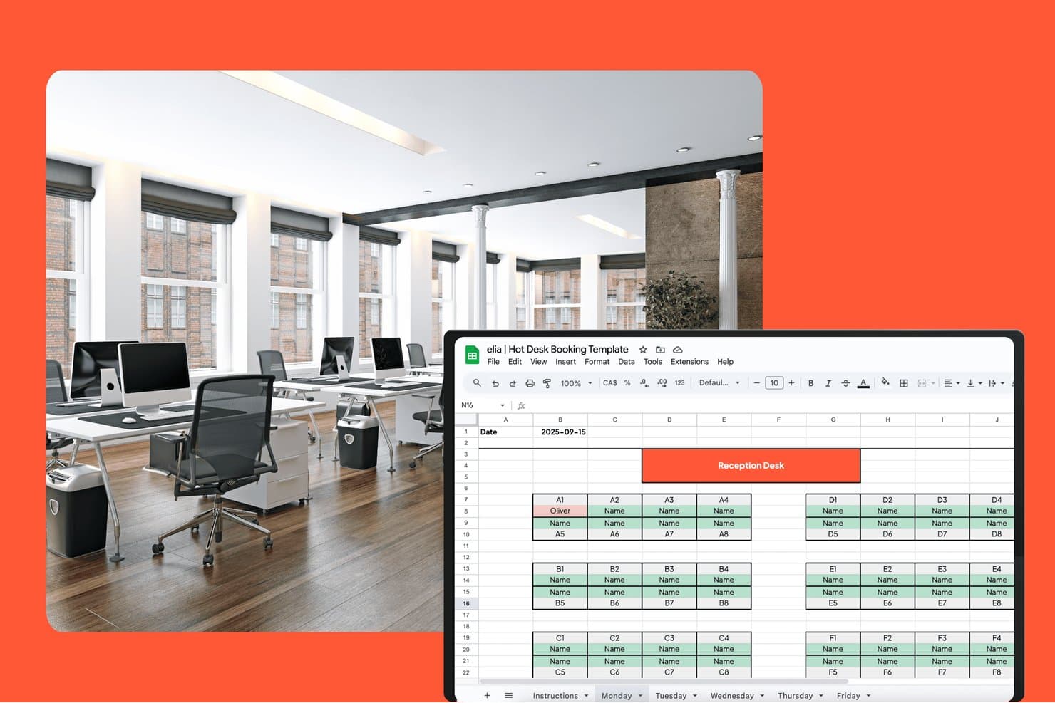 elia hot desk booking Google Sheets template showing office floor plan with named desk assignments