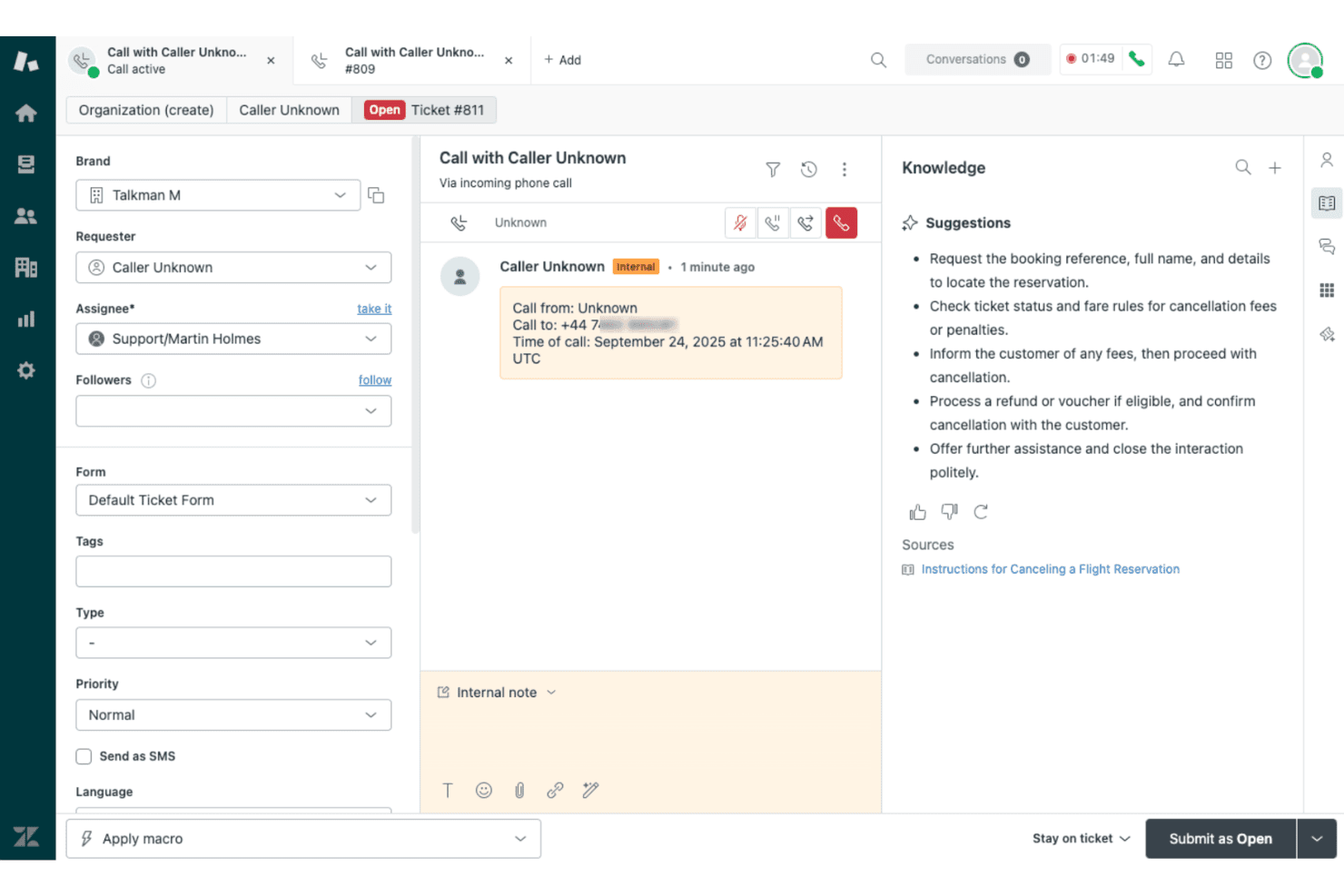 Zendesk support ticket showing active phone call with knowledge panel suggestions visible.