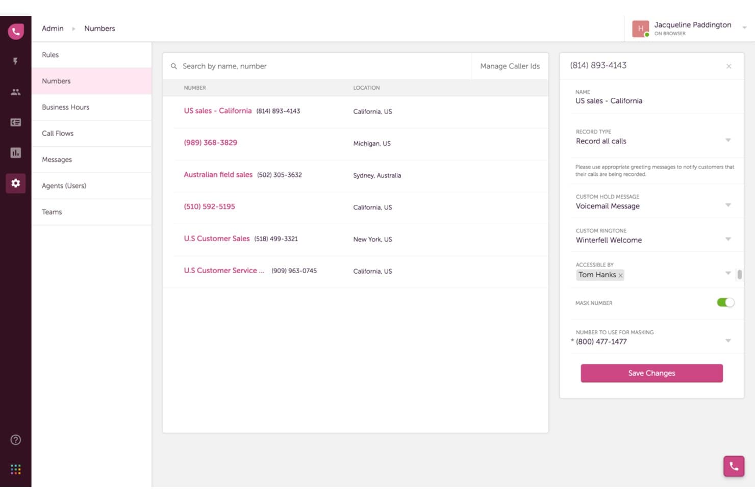 Freshworks Contact Center admin panel showing phone number settings with call recording and masking options.