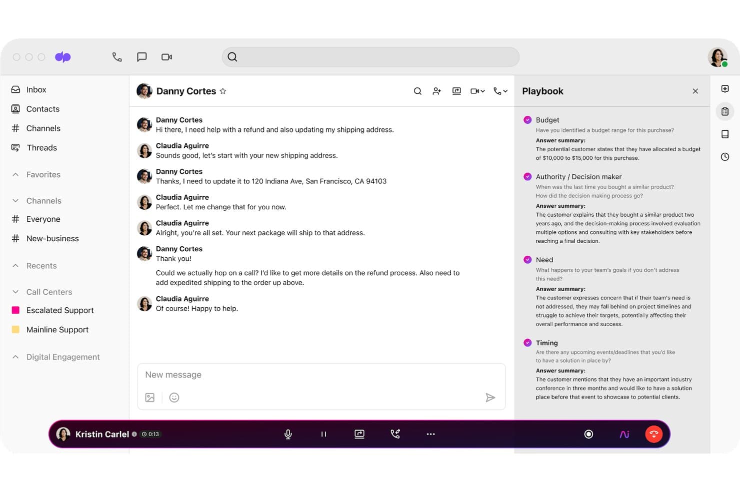 Dialpad chat interface with AI Playbook sidebar showing BANT answer summaries
