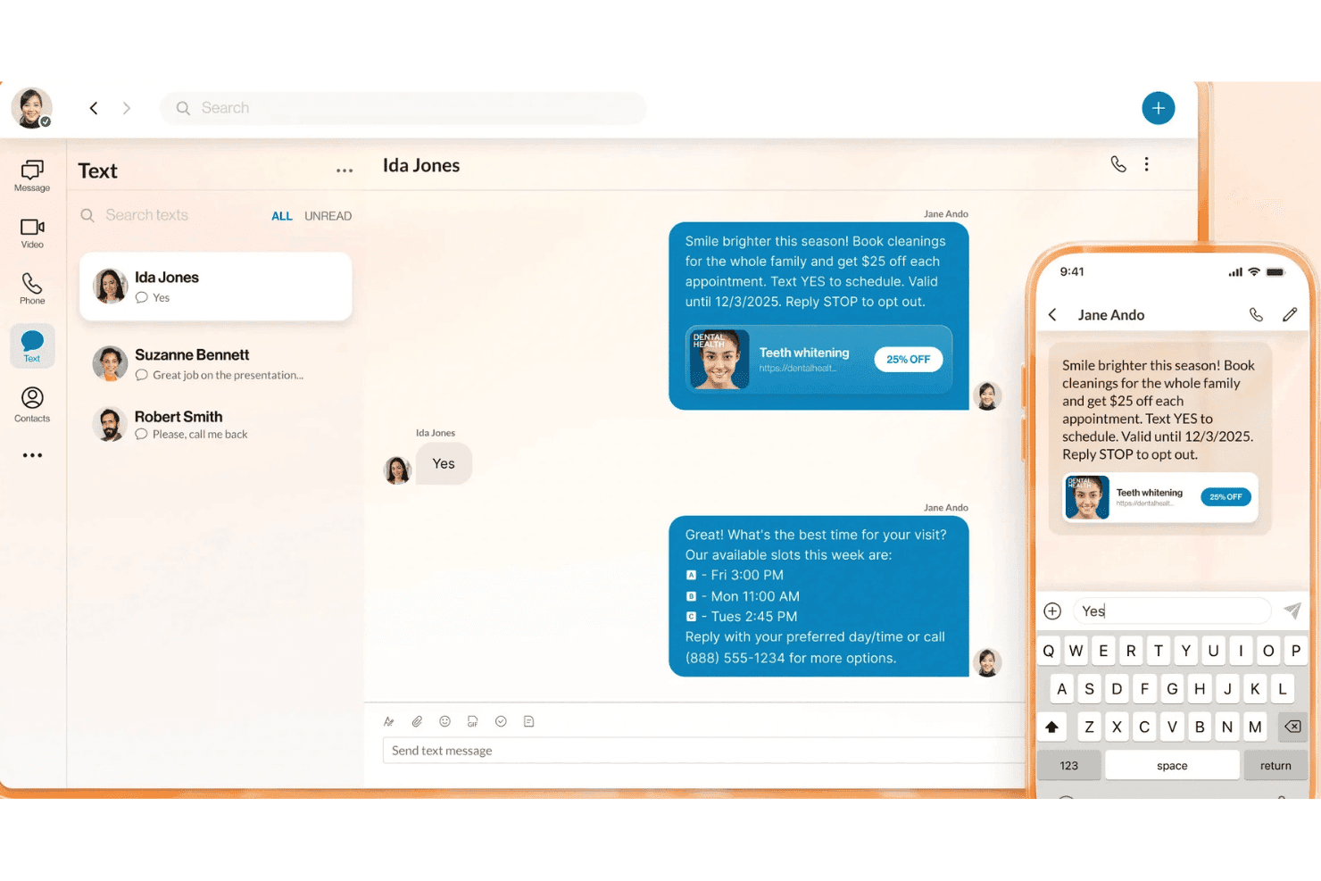 RingEx desktop and mobile text messaging interface showing automated dental appointment scheduling conversation.