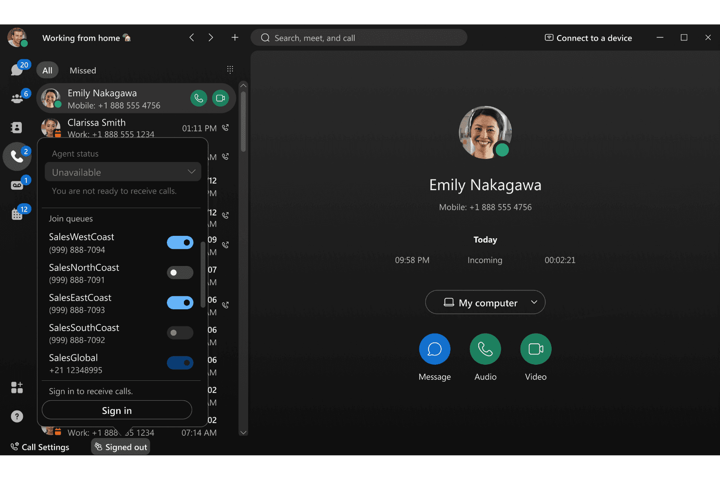 Microsoft Teams-panel til opkaldskøer, der viser agentstatus indstillet til utilgængelig med flere knapper til salgskøer