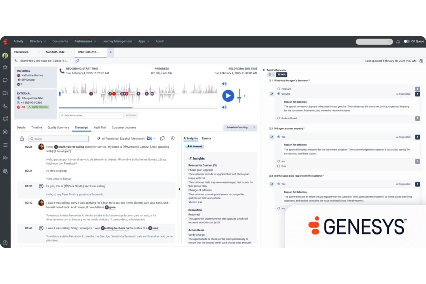 Genesys Cloud CX AI quality scoring panel showing agent demeanor evaluation and call transcript.