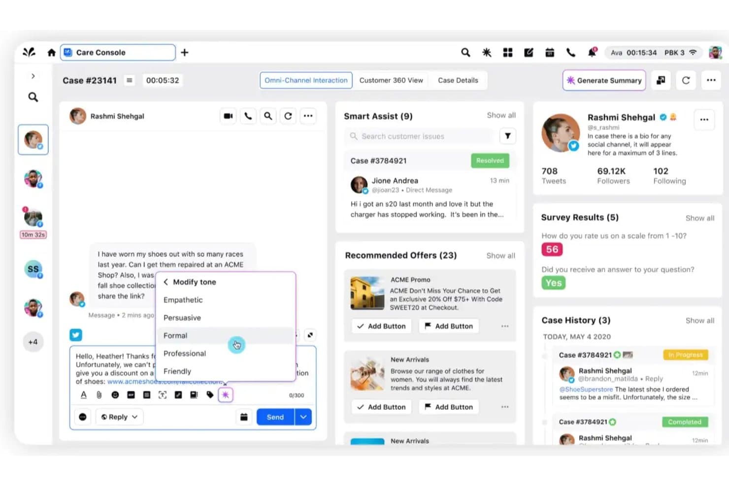 Sprinklr Service Care Console showing AI tone modifier dropdown and customer chat interface.