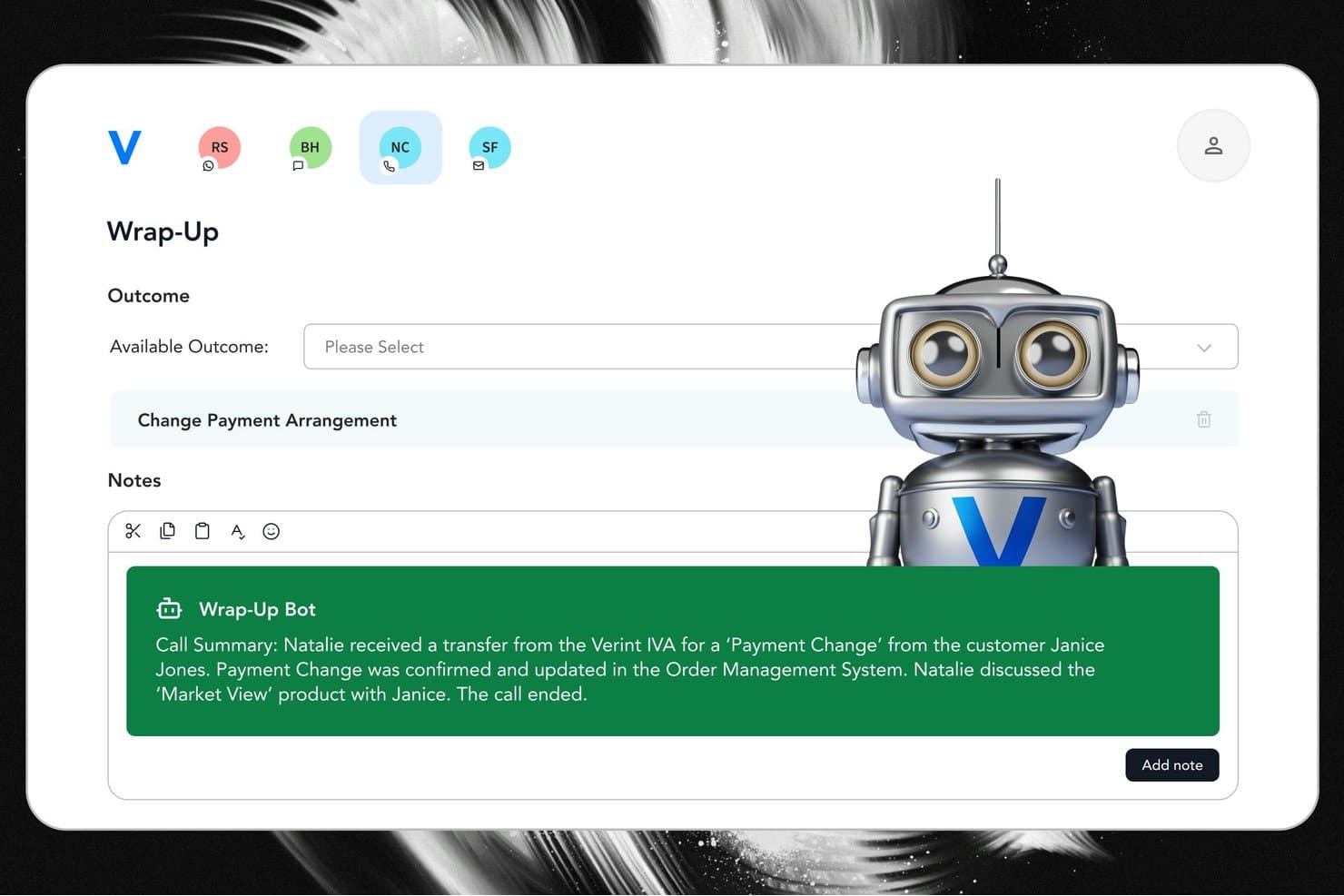 Verint wrap-up screen showing AI-generated call summary note and payment arrangement outcome field.