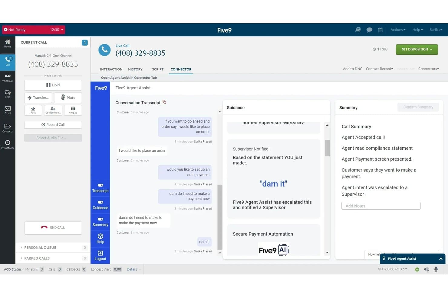 Five9 Agent Assist-grænseflade, der viser live-transskription af opkald, AI-vejledningspanel og sidepanel med opkaldsresumé