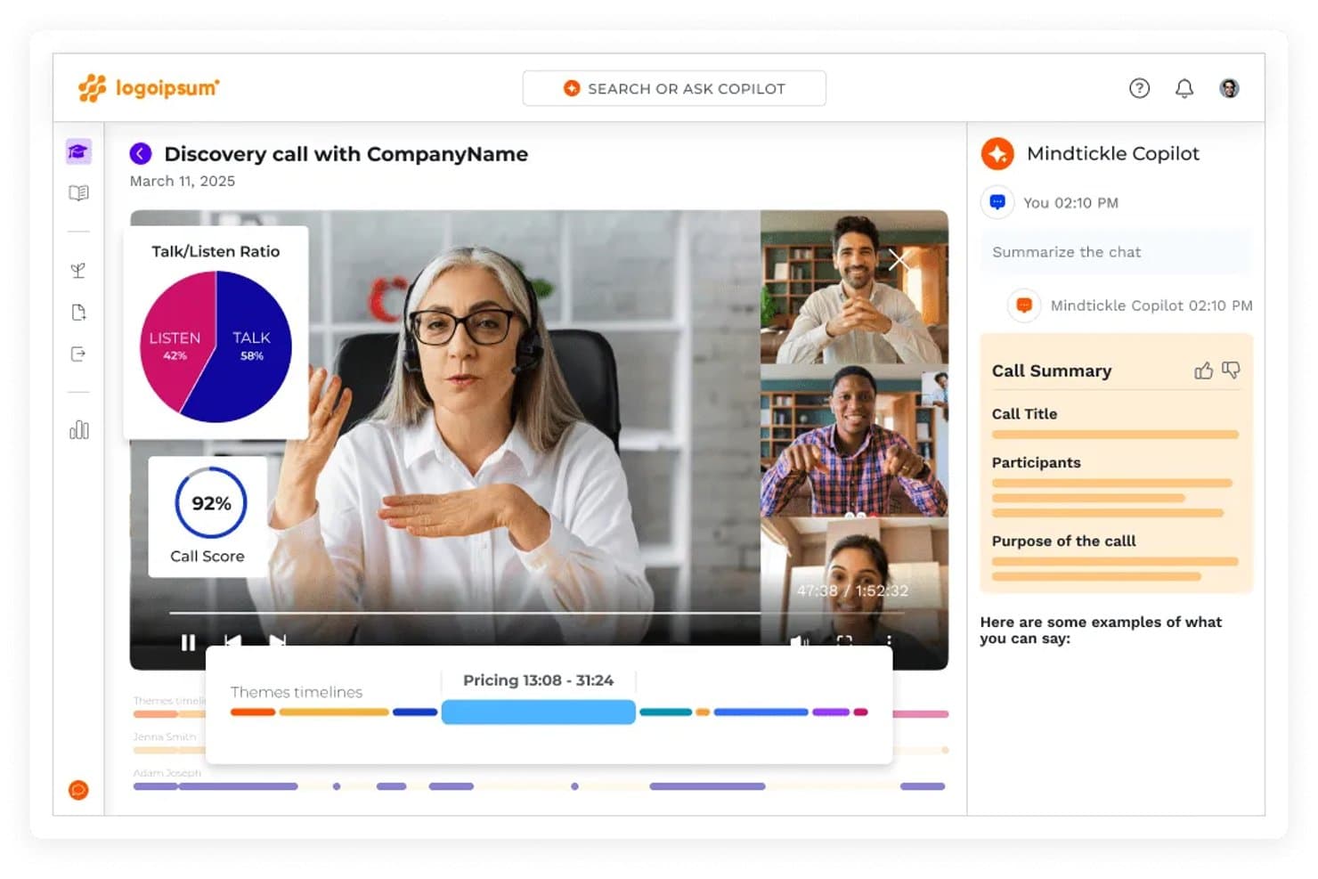 MindTickle-grænseflade til opkaldsoptagelse, der viser en opkaldsscore på 92 %, et diagram over tale-/lytteforholdet og et panel med AI Copilot-opsummering.