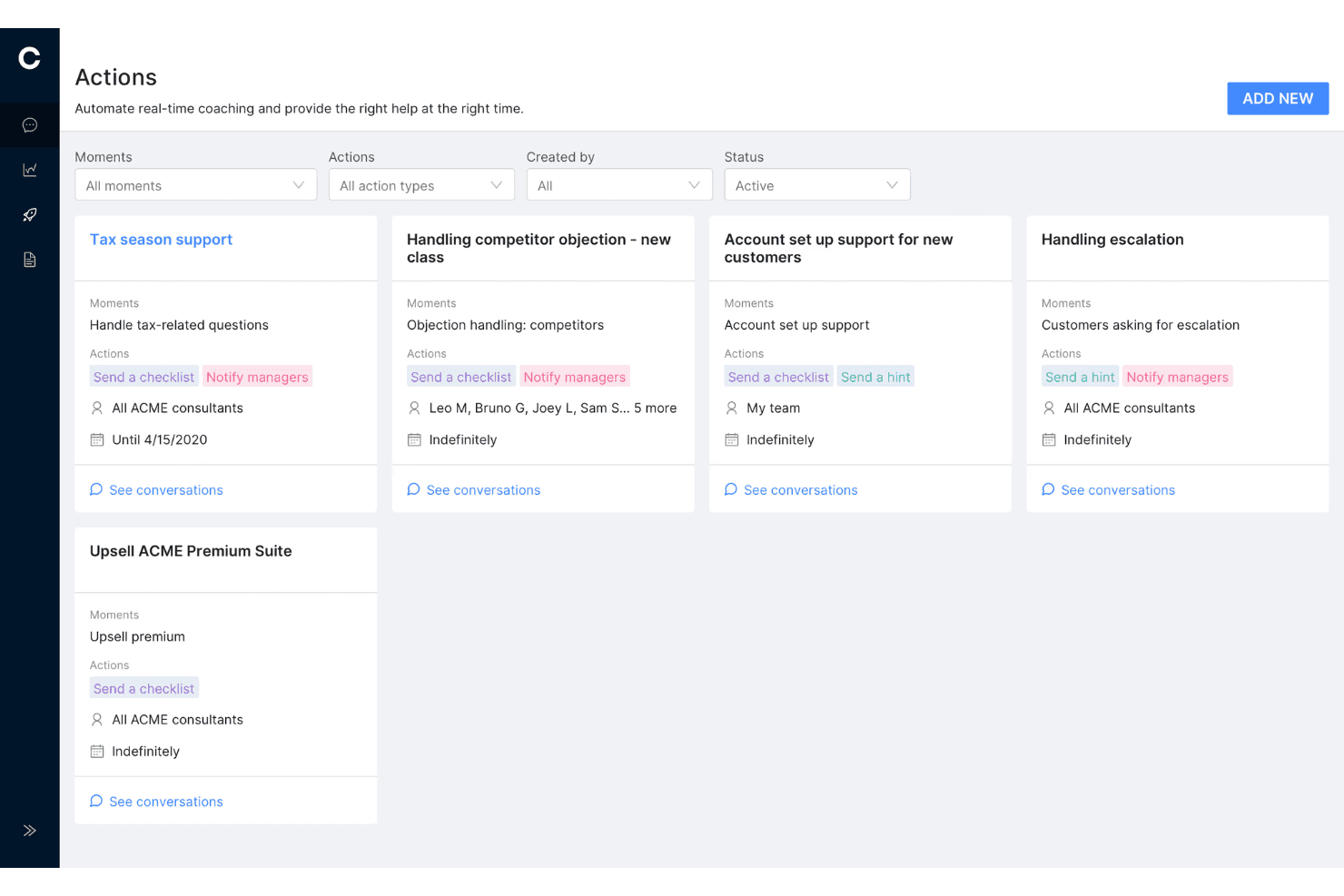 Crestas dashboard for handlinger viser fem kort med automatisering af coaching samt filtre for øjeblikke, handlinger og status.