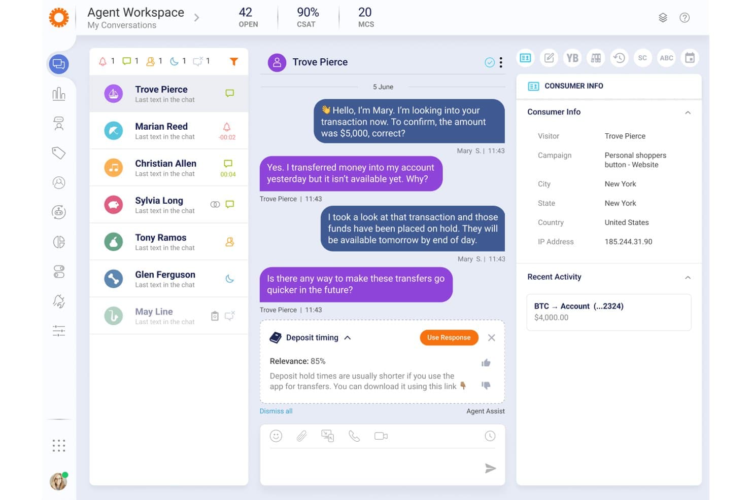LivePerson agent workspace showing chat conversation with AI-assisted response suggestion panel.
