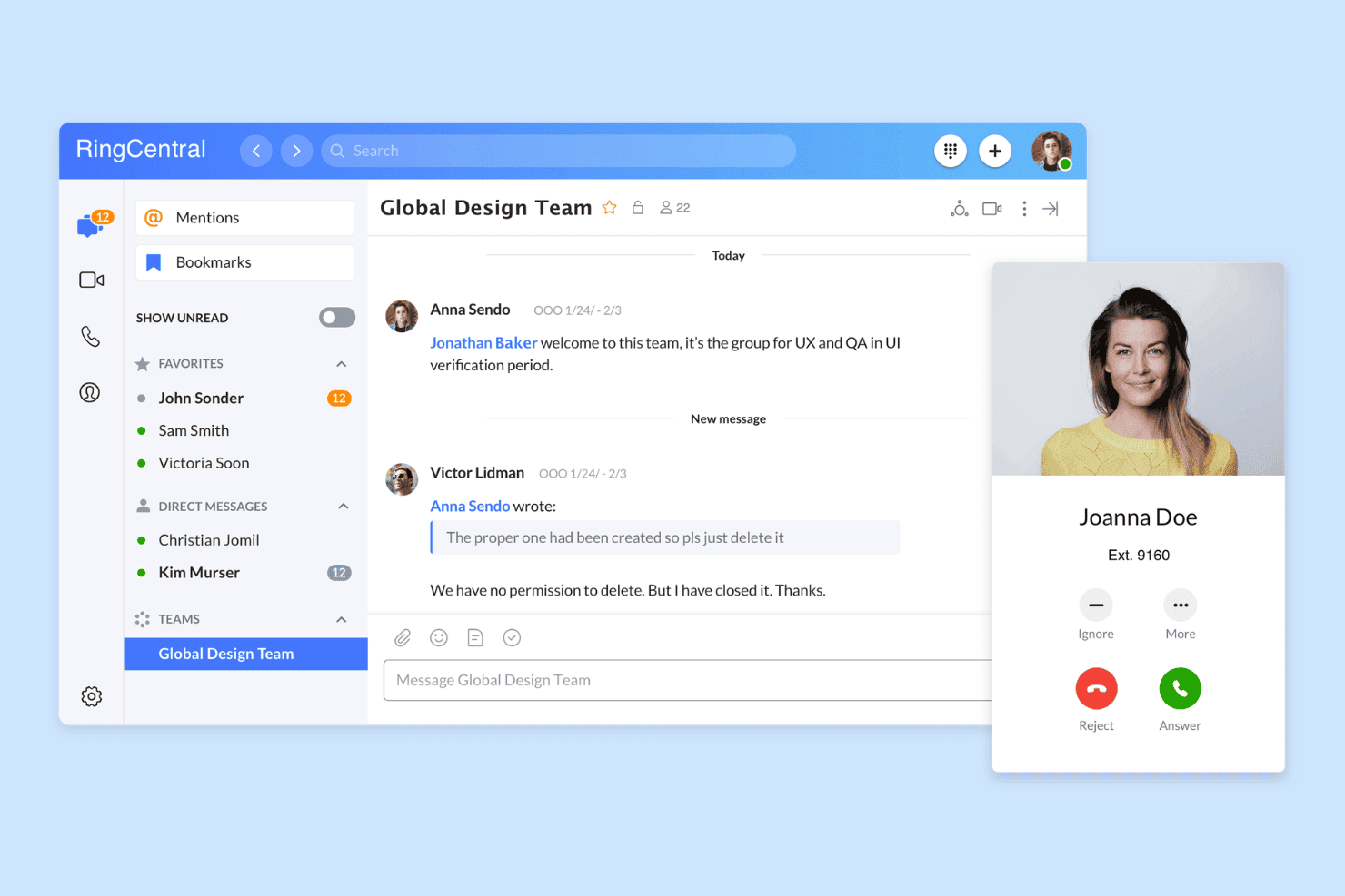 Application RingCentral affichant une discussion d'équipe, des contacts dans la barre latérale et une fenêtre contextuelle d'appel entrant de Joanna Doe.