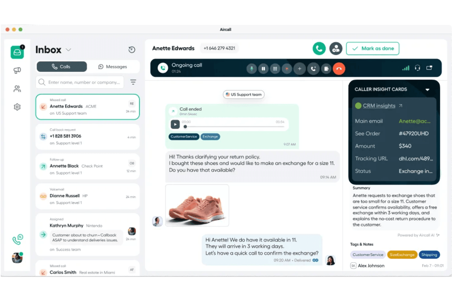 Aircall-computerappen viser indbakke, igangværende opkald, chatbeskeder og kort med oplysninger om opkalderen.