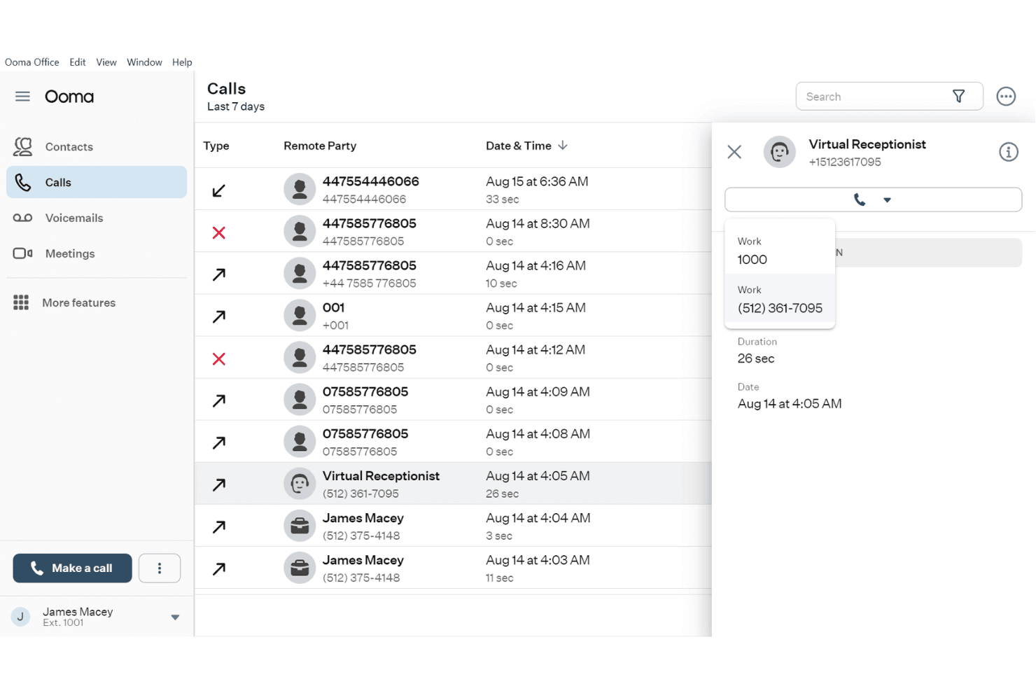 Liste des appels d’Ooma Office affichant l’historique des appels avec le panneau de détails de la réceptionniste virtuelle ouvert.